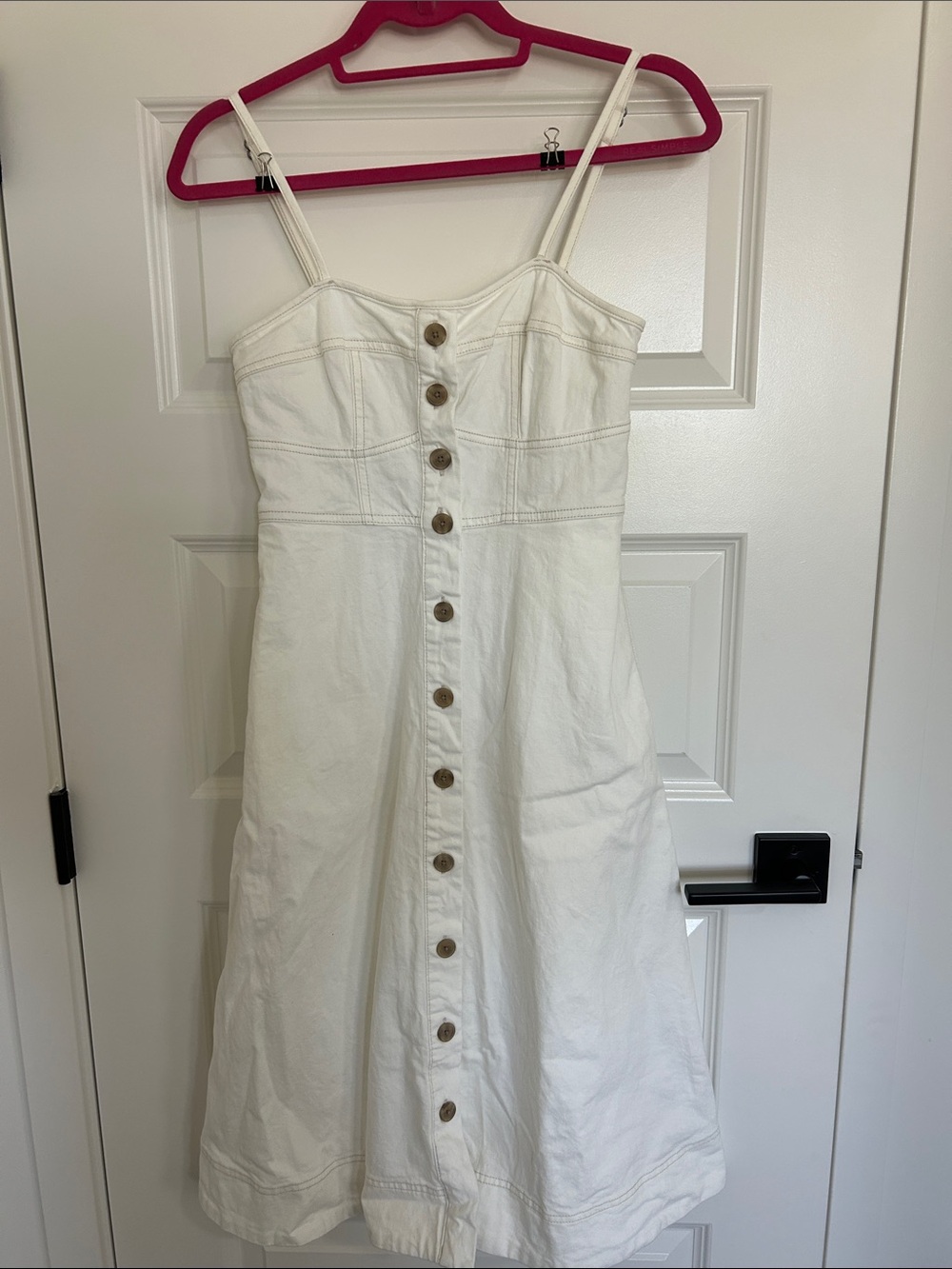 White Button-Front Spaghetti Strap Denim Dress